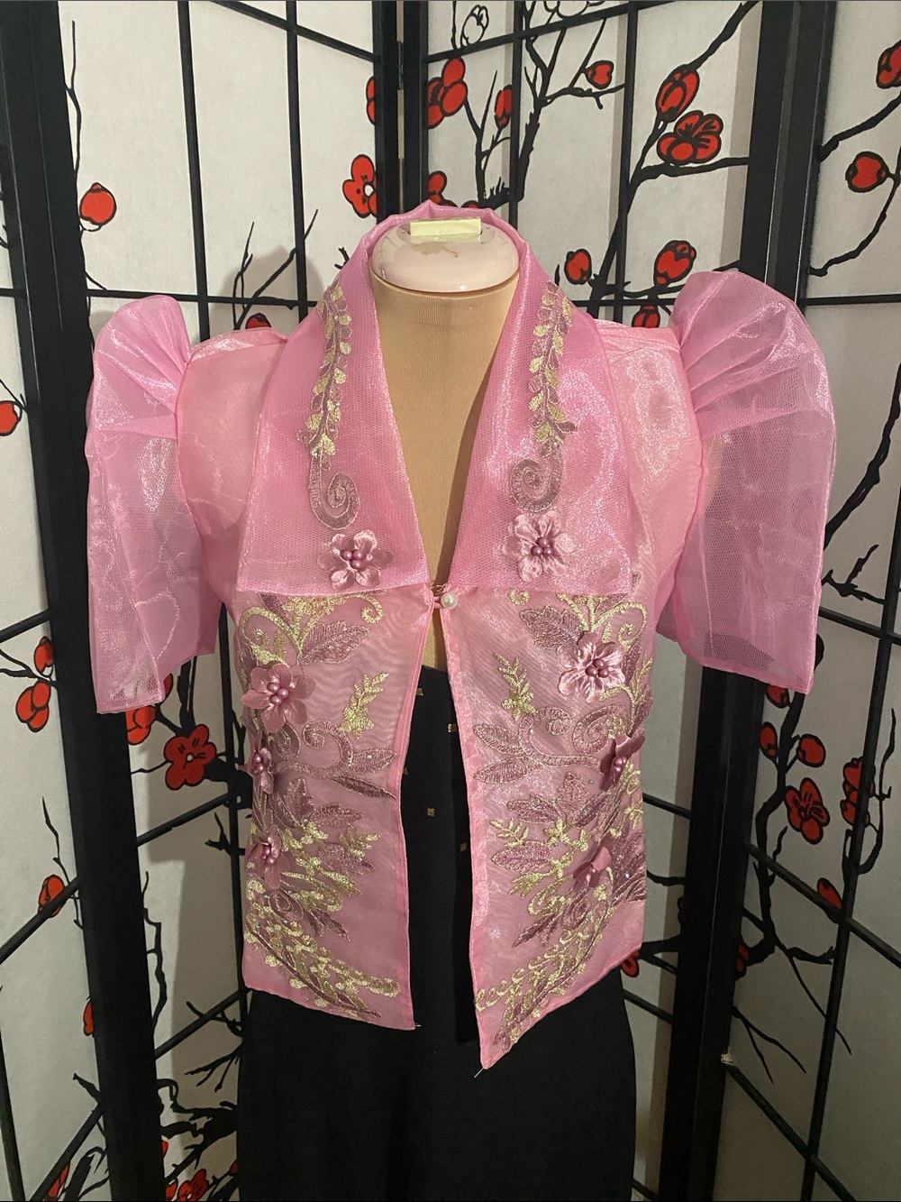 Embellished Pink Organza Puff-Sleeve Filipiniana Bolero